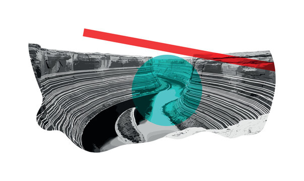 Black and white winding canyon river cutting through deep rock walls, bright turquoise circular element integrated behind the river curve, sharp red diagonal
