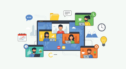 Fototapeta premium A video conference call interface shows five diverse participants in windows, surrounded by communication and productivity icons on a light green background.