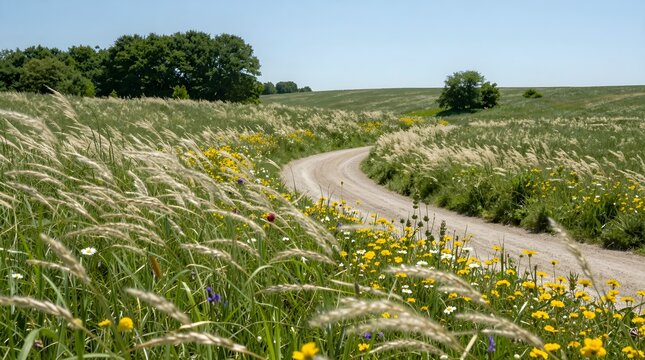 A winding dirt road through a serene landscape of wildflowers and green grass under a clear blue sky