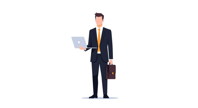 A businessman in a dark suit and orange tie stands holding a silver laptop and a brown briefcase on a plain white background.