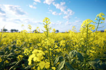 Fototapeta premium A beautiful field of yellow flowers under a clear blue sky. Perfect for nature-themed designs or adding a touch of serenity to any project