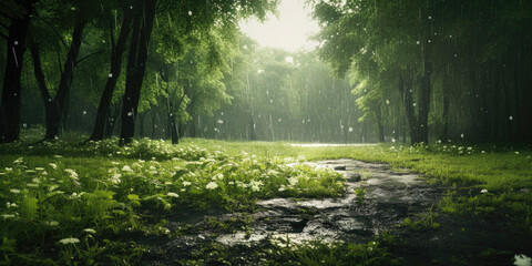 Fototapeta premium A picturesque path meandering through a vibrant green forest. Ideal for nature lovers and outdoor enthusiasts