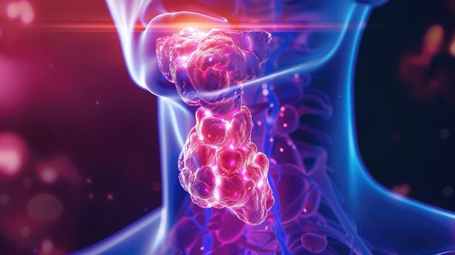 Medical illustration of Thyroid Cancer, a malignant tumor arising from thyroid tissue in the neck, with common types including papillary, follicular, medullary and anaplastic thyroid cancer. 