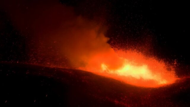 Embers burning with slow motion and cinematic closeup of bright orange flames featuring fire, heat, warm glow with firelight and sparks elements for