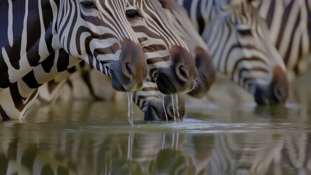 Zebras drinking from a serene watering hole with black and white stripes featuring zebra, wild, animals with wildlife and nature elements for