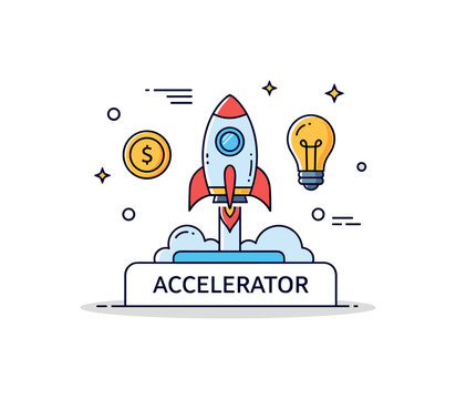 Startup accelerator program small rocket icon launching from a platform labeled Accelerator, coin and lightbulb icons nearby symbolizing funding and