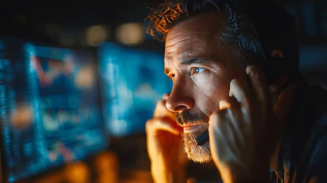 Focused male stock trader analyzes financial data on multiple computer screens in a dark office environment. He wears a headset and closely monitors market trends and trading charts