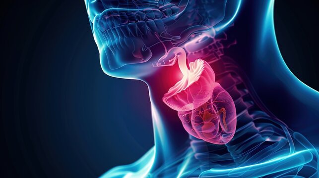 Medical illustration of Thyroid Cancer, a malignant tumor arising from thyroid tissue in the neck, with common types including papillary, follicular, medullary and anaplastic thyroid cancer. 