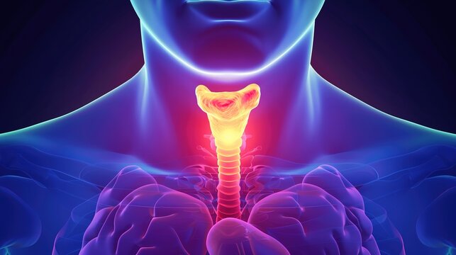 Medical illustration of Thyroid Cancer, a malignant tumor arising from thyroid tissue in the neck, with common types including papillary, follicular, medullary and anaplastic thyroid cancer. 