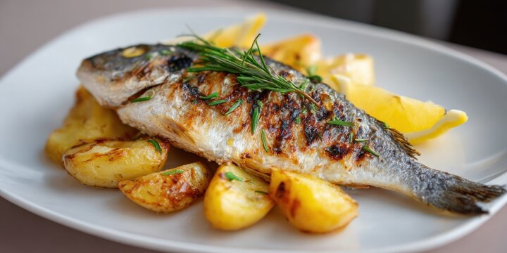 Roasted dorade with crispy skin served with herb roasted potatoes and lemon slices on a white plate, close up gourmet seafood dish