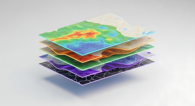 Multi-layered digital maps showcasing diverse data visualizations for geographic information systems and spatial analysis concept, representing complex information architecture