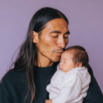 Asian male adult baby newborn father kiss tender cuddle soft sweater intimate portrait purple backdrop warm family connection