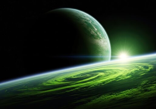 Celestial bodies feature a bright sunrise over the horizon of an alien world