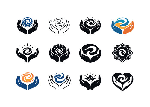 pain management therapy. Icon set. Set Logo of pain management therapy: therapy hands and energy flow. harmonious logo variations of the same emblematic