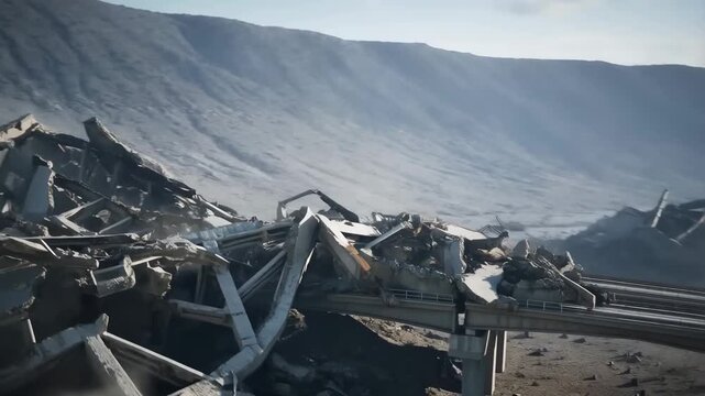 Destroyed highway bridge with rubble and smoke in mountainous area dramatic scene of disaster war damage and infrastructure collapse concept