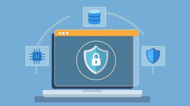 Flat animation of laptop with lock connected to server, microchip, and shield icons representing cybersecurity, data protection, and secure digital infrastructure.