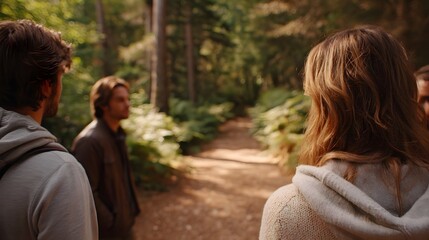 Fototapeta premium A balanced composition shows three people walking and engaged in discussion on a warm sun d d forest path surrounded by nature