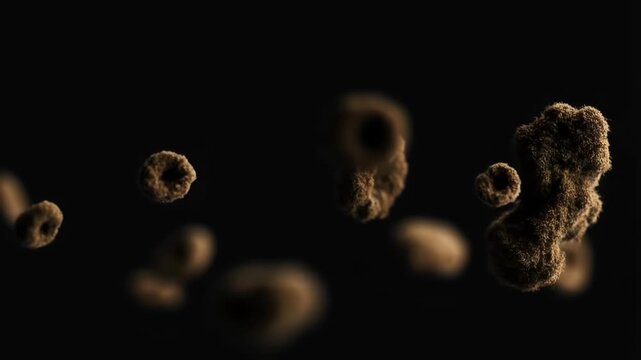 Particles organic floating with brown fuzzy texture on black background cinematic extreme close-up featuring 3d rendering, visual effects, motion
