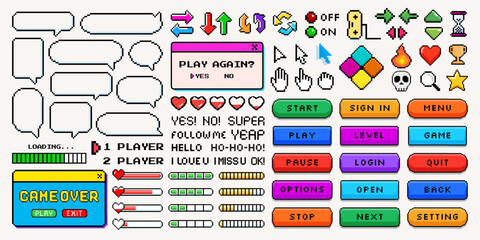 Pixel video game element, speech bubble and dialogue box with comic text for gaming technology. Retro digital gamer console, heart, star, frame and arrow icon for mobile or computer app interface. © Impixmart