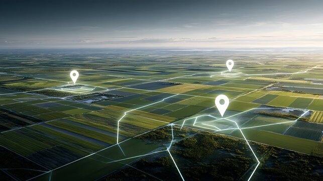 Smart agriculture landscape with digital mapping and GPS location pins over farmland, precision farming technology, data driven crop management, satellite navigation and modern agritech system