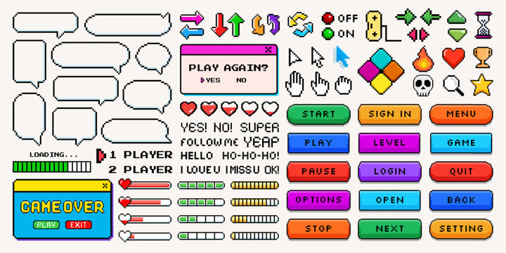 Pixel video game element, speech bubble and dialogue box with comic text for gaming technology. Retro digital gamer console, heart, star, frame and arrow icon for mobile or computer app interface.