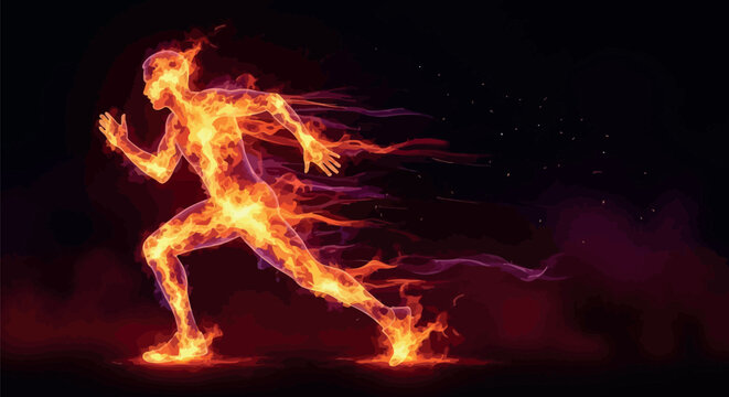 A powerful fiery human figure bursts into action, sprinting with immense energy and determination, creating a vibrant display of speed, strength, and power.