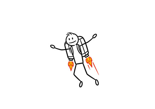 A black stick figure flies upward using a backpack rocket with orange flames