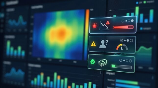 Focused view of AIpowered credit assessment alerts on a digital dashboard while the surrounding charts and heatmap remain softly blurred.