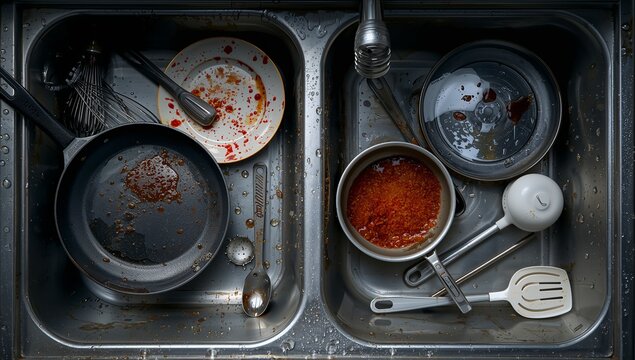 Kitchen sink full of unwashed dishes