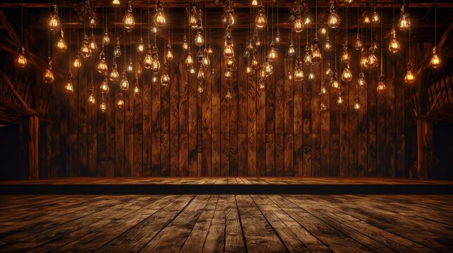 Cozy Western-style backdrop of a wooden stage in a saloon with ambient lighting, ideal for use in restaurant menus, party themes, or historical narratives.