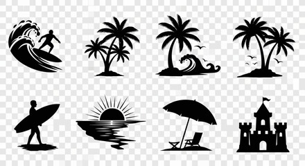 Obraz premium Modern minimalist logo featuring a tropical sunset, palm trees, and ocean waves. Clean black and orange design creates a calm, beach-inspired aesthetic, perfect for travel, resort, and summer branding