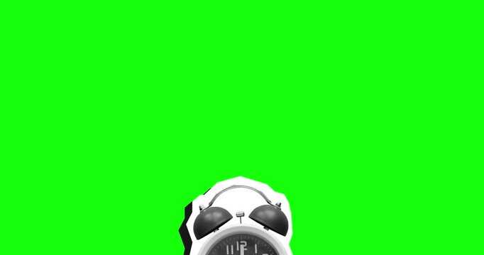 Ringing alarm clock with lightnings. Modern collage style. Green screen background. 4K animation