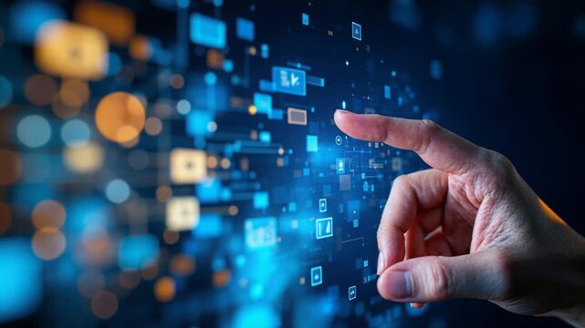 Male hand touching a holographic display with glowing icons and a complex network of data streams