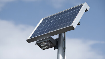 Modern Solar-Powered Streetlight Against a Bright, Clear Blue Sky, Showcasing Sustainable City Infrastructure and Clean Energy Technology