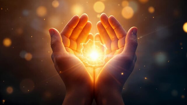 Glowing light source pulsing with energy inside a pair of cupped human hands on a golden background