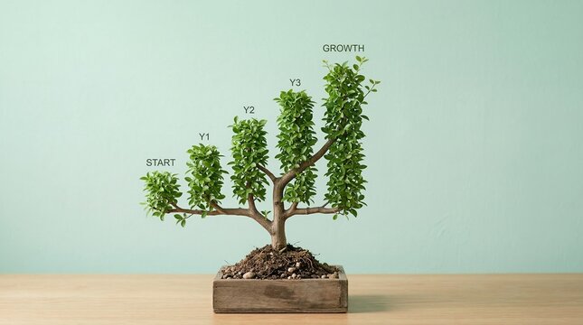 A bonsai tree shaped into a bar chart showing growth from "Start" to "Y1", "Y2", "Y3", and "Growth". Visualizing long-term investment and progress.