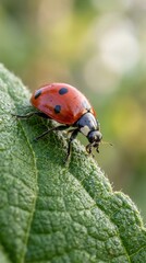 Fototapeta premium Close-up macro shot of a vibrant red ladybug with black spots resting on a textured green leaf with dew drops in soft natural light
