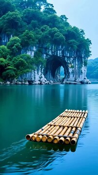 BambooRaftDriftingThroughEmeraldKarstGorge