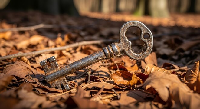 Antique Skeleton Key Resting on Autumn Leaves in a Forest