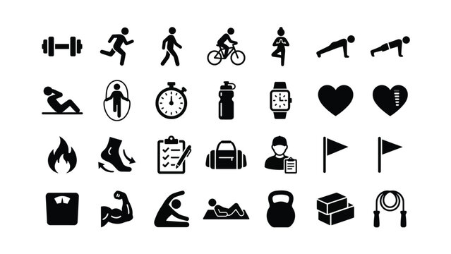 Fitness Icons Set with Various Gym and Exercise Symbols