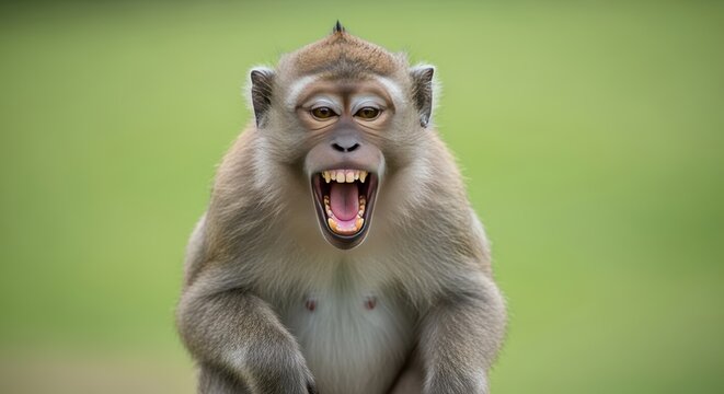 Close-up portrait of a macaque monkey with its mouth wide open revealing sharp teeth and an intense expression against a blurred green background
