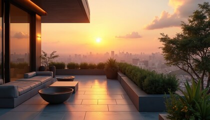 Fototapeta premium Modern apartment balcony at sunset city skyline. Luxury terrace with sofa, plants and view over urban landscape. Warm orange sky illuminates city buildings and outdoor seating area.