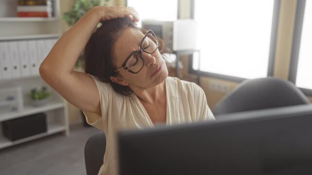 Middle aged woman massages neck and pulls hair behind head while seated at computer in office building; fatigue relief.