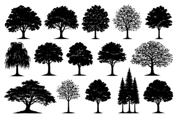 Fototapeta premium Variety of tree silhouettes in black and white collection.