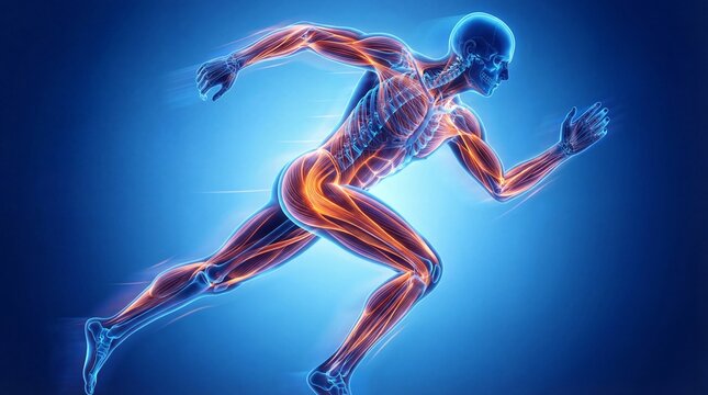 Human body anatomy with visible muscles and skeleton in a running motion depicted through a glowing blue and orange transparent skin illustration