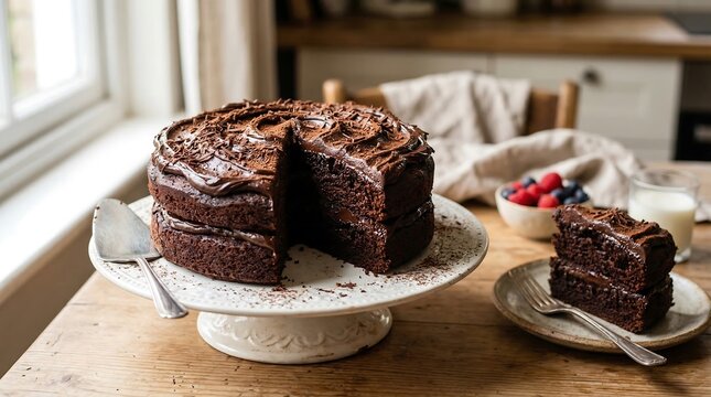 Decadent double-layer chocolate cake with rich frosting and chocolate shavings on a rustic wooden table with berries and milk