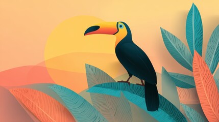 Fototapeta premium Colorful toucan perched on vibrant leaves with a warm sunset background in a tropical landscape, showcasing a modern and artistic design style