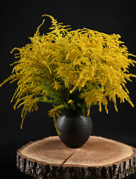 Goldenrod Bouquet in Ribbed Vase on Wood Slab