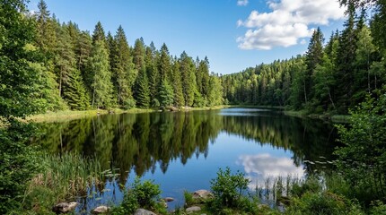 Obraz premium Serene forest lake reflecting tall pine trees under blue sky with clouds summer nature landscape