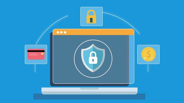 Flat animation of laptop with lock, credit card, and coin icons representing secure online payment, financial protection, and safe digital transactions.